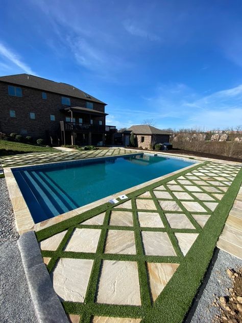 Turf And Paver Pool Deck, Pavers Turf Around Pool, Turf Paver, Artificial Turf Backyard, Porch Goals, Cabin Backyard, Turf Backyard, Inground Pool Landscaping, Patio Remodel