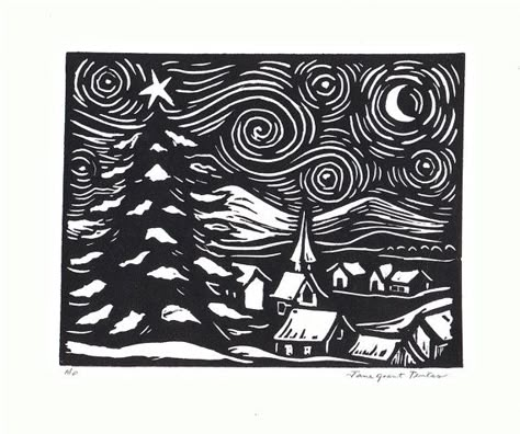 linoleum block prints | Vincent's Starry Night | Sgraffito ... Christmas Lino Print, Lino Christmas, Christmas Linocut, Lino Print Christmas, Linocut Christmas, Linoleum Printmaking, Lino Cut Ideas, Block Printing Ideas, Linoleum Prints