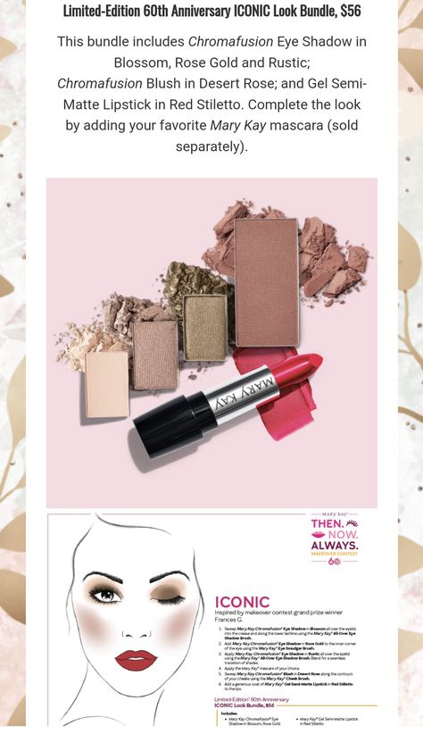 SE the Iconic Look Bundle for Mary Kay's 60th year anniversary. Including 3 eyeshadows, 1 cheek color and lipstick 💄 Mascara sold separately. Mary Kay 60th Anniversary, Mary Kay Office, Mary Kay Eyeshadow, Mary Kay Business, Beauty Consultant, Mary Kay Makeup, For Eyes, 60th Anniversary, Beauty Stuff