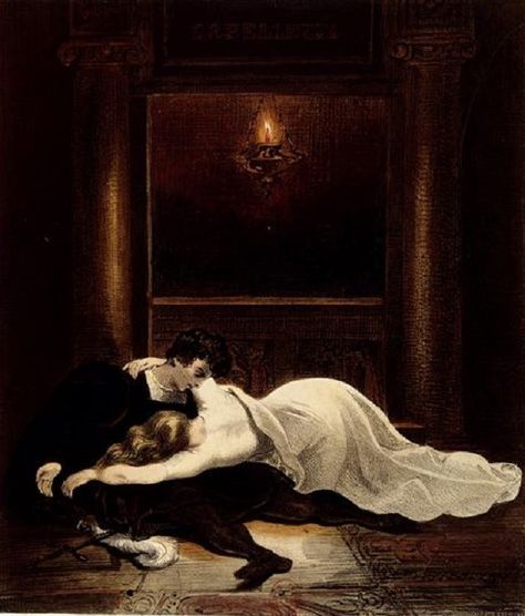 Tomb of Romeo and Juliet (act 5, last scene): illustration for the Souvenirs of English Theater by Achille Devéria (1800-1857) Black Sails, History Painting, Battlestar Galactica, Pop Songs, William Shakespeare, Dark Beauty, Romeo And Juliet, Surreal Art, Shut Up