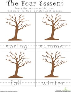 Seasons Worksheet...Have students add to the trees according to the season (i.e. green leaves, apples, blooming flowers, or ice/snow) Seasons Kindergarten, Seasons Preschool, Seasons Worksheets, Weather Theme, Weather Unit, Kindergarten Worksheets Free Printables, Seasons Activities, Free Kindergarten Worksheets, Worksheets For Kindergarten