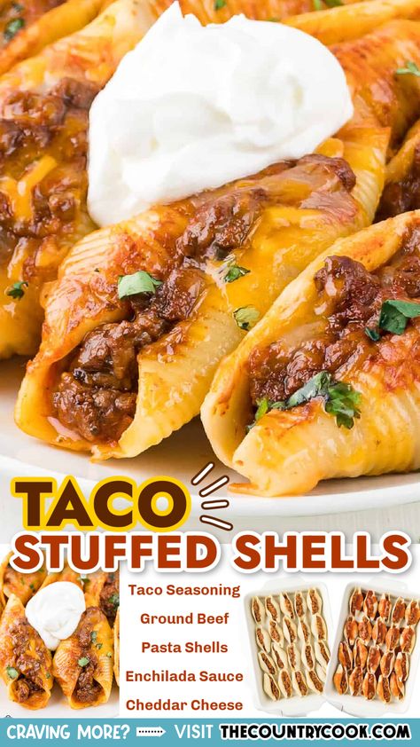 These Taco Stuffed Shells are like your favorite classic stuffed shells but with a taco twist. They’re easy to put together and ready in under an hour! Taco Twist, Taco Shells, Stuffed Shells Recipe, Pasta Dinners, Taco Stuffed Shells, Mexican Food Recipes Easy, Stuffed Pasta Shells, Dinner Recipes Crockpot, Stuffed Shells