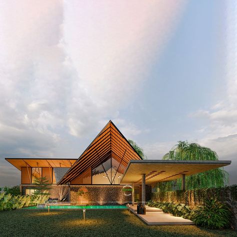 Mixed roof tropical luxury house Sloping Roof Elevation, Tropical Luxury House, Slope Roof Elevation, Sloping Roof Architecture, Tropical House Exterior, Tropical Architecture Design, Villa Facade Design, Slope House Design, Slope Roof