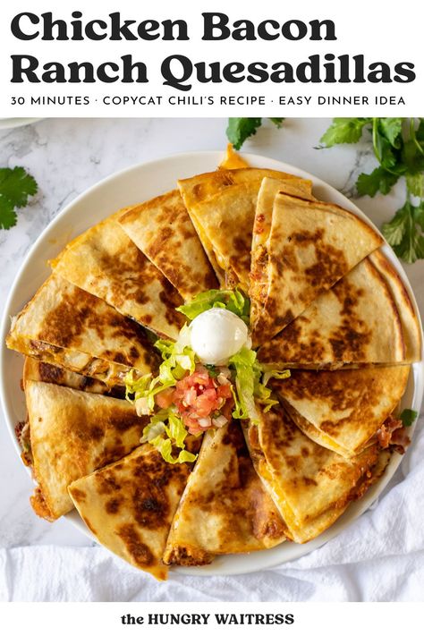 Craving something deliciously easy? These Chicken Bacon Ranch Quesadillas are a perfect blend of smoky bacon, tender chicken, gooey cheese, and creamy ranch all wrapped up in a crispy tortilla. Perfect for a quick lunch, casual dinner, or game day snack, these quesadillas are sure to be a hit with everyone. Customize with your favorite toppings and enjoy! 🥑🌮🧀 #QuesadillaRecipe #ChickenBaconRanch #EasyMeals #ComfortFood #GameDayEats #QuickRecipes #Yummy 📌 Save this recipe for later! Chicken Bacon Ranch Quesadilla Chilis, Chicken Bacon Quesadilla Recipes, Chicken Bacon Wraps Tortilla, Chicken Bacon Quesadilla, Chicken Ranch Quesadillas, Chicken Bacon Ranch Quesadilla Recipe, Chicken Bacon Ranch Quesadilla, Bacon Quesadilla, Quesadilla Recipes Easy