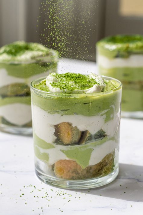 Matcha Tiramisu Cups - Kitchen-by-the-Sea November Treats, Matcha Caramel, Matcha Parfait, Lady Fingers Recipe, Matcha Shop, Tiramisu Trifle, Matcha Mousse, Tiramisu Cups, Matcha Tiramisu