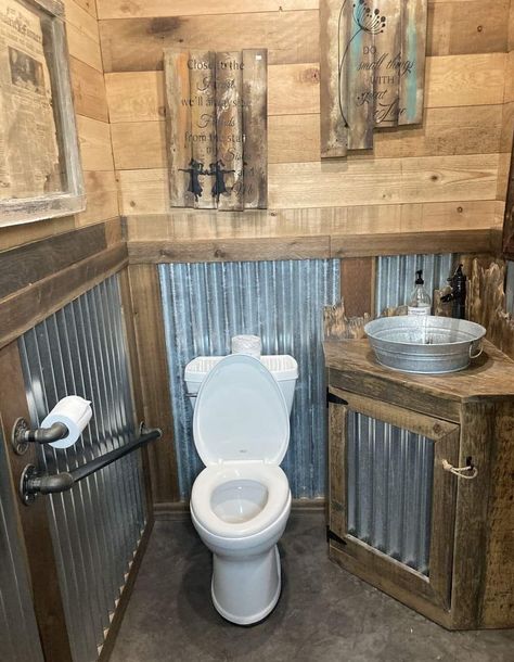 Tin Bathroom, Rustic Bathroom Remodel, Barn Bathroom, Western Bathroom, Rental Bathroom, Garage Bathroom, Bathroom Makeovers, Cabin Bathrooms, Metal Bathroom