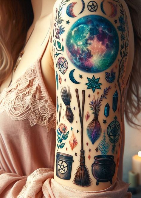 Arm art for the modern witch: A cauldron tattoo that’s both chic and enchanting. Witches Cauldron Tattoo, Colorful Witch Tattoo, Black Cauldron Tattoo, Green Witch Tattoo, Witchy Cauldron Tattoo, Cauldron Tattoos, Coven Tattoos Witches, Cauldron Tattoo, Witch Tattoos