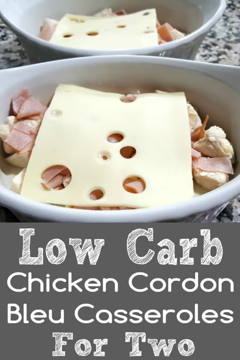 These Chicken Cordon Bleu Casseroles have diced boneless chicken, chopped ham and Swiss cheese layered with creamy sauce and a buttery golden brown Panko bread crumb topping. This small batch low-carb recipe serves 2 in individual baking dishes. This dish is perfect for lunch, dinner, or a romantic date night meal. Casseroles For Two, Casserole For Two, Single Serve Meals, Cordon Bleu Casserole, Ham And Swiss, Recipes For 2, Meals For 2, Chicken Cordon Bleu Casserole, Recipe For 1