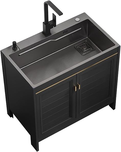 Amazon.com: Free Standing Utility Sink Kitchen Sink Commercial Sink with Cold and Hot Water Pipe Faucet and Storage Shelves for Kitchen Bathroom Restaurant Farmhouse Laundry Outdoor Indoor Black. (Size : 80x45x8 : Tools & Home Improvement Utility Sink In Kitchen, Utility Sink In Garage Ideas, Free Standing Sink Kitchen, Laundry Sinks Ideas, Garage Sink And Counter, Laundry Tub Ideas Utility Sink, Black Utility Room, Utility Sink Backsplash, Garage Sink Ideas