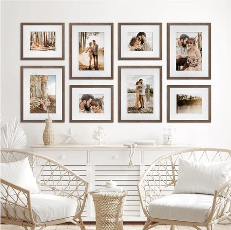 20x30 Frame On Wall, Family Portrait Gallery Wall Ideas, Wall Picture Frames Arrangements, Wall Picture Ideas Living Room, Family Pictures On Wall Ideas, Wooden Frames On Wall, Office Photo Wall, Gallery Photo Wall, Family Photos Wall