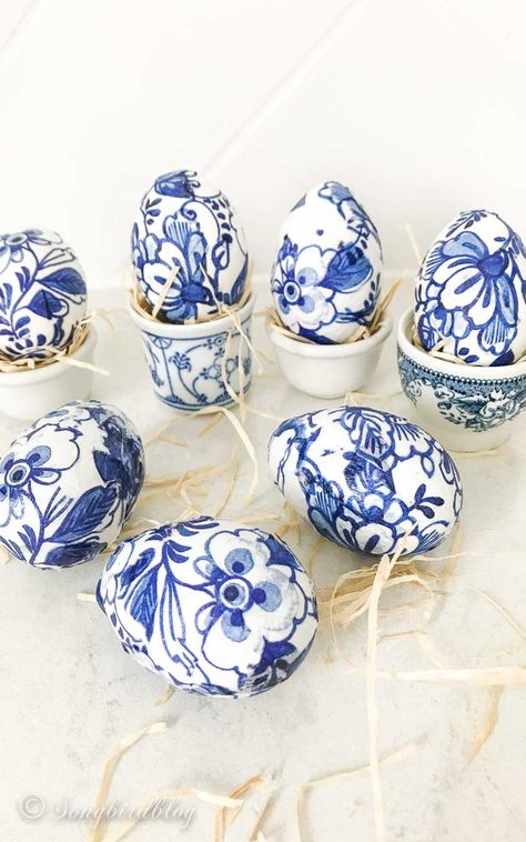 Decoupage Easter Eggs with Tissue Paper (Tips, Tricks and Tutorial) - Songbird Easter Egg Decoupage, Blue Flower Fabric, Decoupage Easter Eggs, Paper Mache Eggs, Easter Craft Projects, Making Easter Eggs, Easter Egg Art, Easter Napkins, Decoupage Tissue Paper