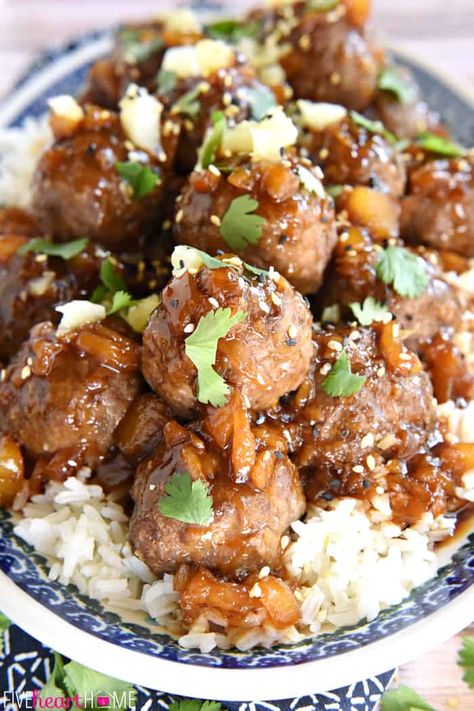 Hawaiian Meatballs ~ juicy homemade meatballs are smothered with a sweet and sticky, Polynesian pineapple sauce in this quick and easy dinner recipe | FiveHeartHome.com Easy Hawaiian Recipes, Polynesian Dishes, Polynesian Recipes, Hawaiian Meatballs, Canned Corned Beef, Hawaiian Recipes, Polynesian Food, Homemade Meatballs, Mele Kalikimaka