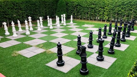 Large Outdoor Games, Life Size Chess, Giant Chess Pieces, Outdoor Chess, Medieval Chess Set, Medieval Chess, Stone Chess Set, Large Chess Set, Chess Tactics