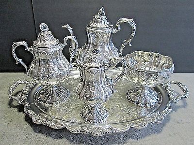 Antique-Sterling-Silver-Tea-Coffee-Set-Tray Tea Set Decor, Antique Tea Cart, Silver Plated Tea Set, Tea Cart, Silver Teapot, Antique Floral, Silver Tea, Coffee Pots, Pot Sets