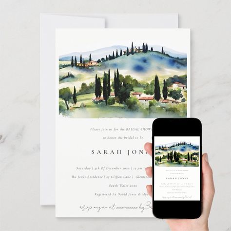 Winery Landscape, Sky Blue Paint, Italy Watercolor, Landscape Wedding, Watercolor Scenery, Couples Shower Invitations, Tuscan Wedding, Italian Countryside, Stone Walls