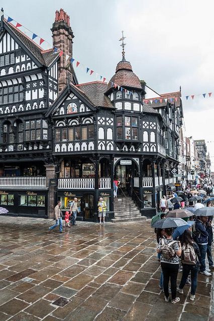 The Rows, Chester - The Rows are continuous half-timbered galleries, reached by steps, which form a second row of shops above those at street level. Eaton Hall, Chester England, Chester Uk, Chester City, Kentish Town, England And Scotland, Places Of Interest, England Uk, England Travel