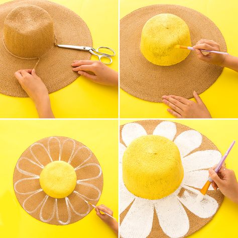 Hat Craft Ideas, Straw Hat Diy, Straw Hat Crafts, Easy Diy Fashion, Desain Tote Bag, Diy Straw, Diy Fashion Trends, Crazy Hat Day, Flower Costume