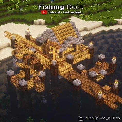 Minecraft Docks Design, Minecraft Dock Tutorial, Docks Minecraft Ideas, Minecraft Building Ideas Fishing Dock, Cute Minecraft Fishing Dock, Fishing Minecraft Ideas, Fishing Port Minecraft, Fishing Dock Minecraft Ideas, Minecraft Docks Ideas