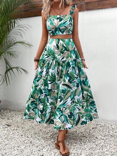 SHEIN VCAY Tropical Print Ruffle Trim Top & Skirt | SHEIN USA Tropical Attire For Women, Luau Outfits, Backless Halter Top, Ruffle Trim Top, Trim Top, Skirts Online, African Attire, Two Piece Outfit, Tropical Print