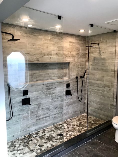 Bathroom Concrete, New Bathroom Designs, Grey Bathroom Tiles, Master Bath Shower, White Bathroom Tiles, Double Shower, Master Shower, Grey Bathroom, Bathroom Redesign