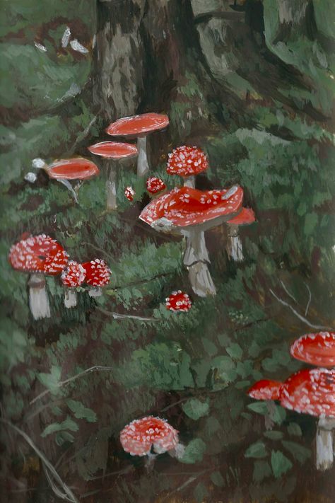 Cottagecore Oil Painting, Cottagecore Landscape Painting, Goblin Core Painting, Mushroom Field Painting, Mushroom Landscape Painting, Fairy Core Art Drawing, Cottagecore Painting Ideas Easy, Mushroom Cottagecore Art, Vintage Painting Aesthetic Easy