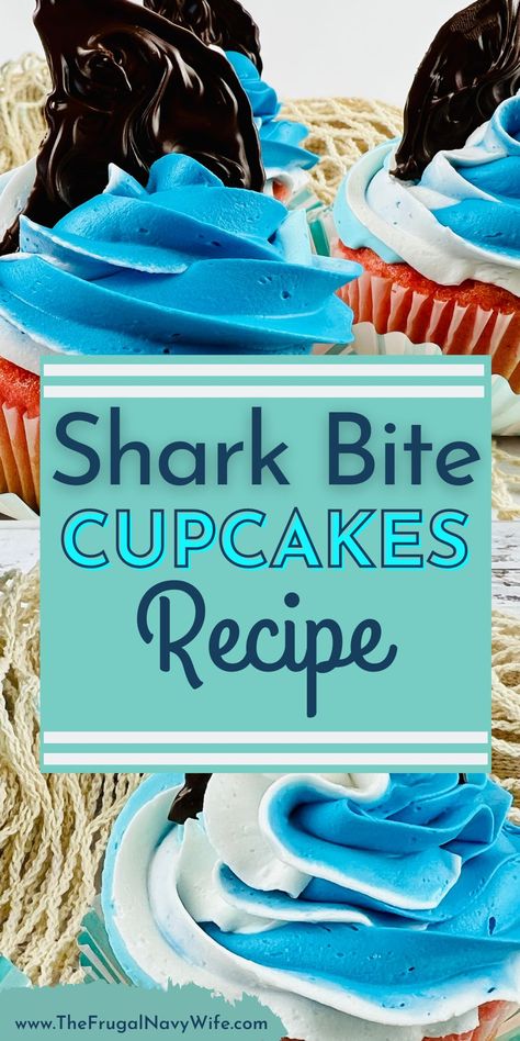 These cute and creative shark bite cupcakes are the perfect sweet treat for shark week or any summertime occasion. #sharkbite #cupcakes #dessert #frugalnavywife #baking #easyrecipe #kids #sharkweek | Shark Bite Cupcakes | Dessert Recipes | Shark Week | Baking | Summer | Beach Theme | Summer | Baking Summer, Easy Party Desserts, Easy Ice Cream Cake, Store Bought Frosting, Lab Week, Easy Meals For Two, Frugal Recipes, Shark Cake, Strawberry Cake Mix