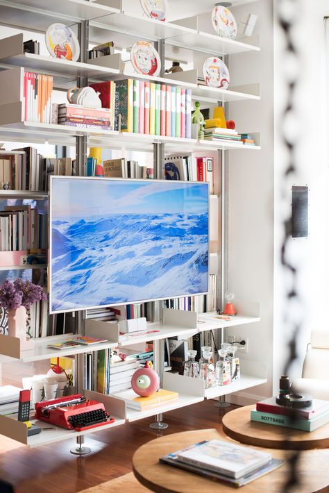 Eames Desk, Unique Bookshelves, Johnson House, Side Table Design, Blue Chair, Nyc Apartment, Bookcase Shelves, Book Shelf, Architectural Digest