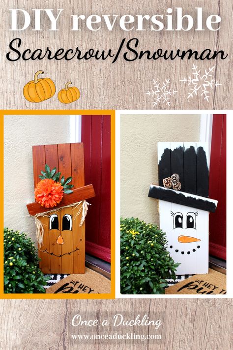 I love how this reversible scarecrow/snowman has turned out for our front garden. I made this one from some old bed slats we had for ages, but you can easily make a similar one from old pallet wood too. It's a great fun way to welcome visitors and it's a real win/win to get both your autumn and your winter decorating done! Not to mention it's a great budget option too! Snowman And Scarecrow Reversible, Reversible Scarecrow And Snowman, Wooden Snowmen Diy Front Porches, Fence Post Crafts, Pallet Buster, Pallet Snowman, Scarecrow Painting, Wood Scarecrow, Wood Pallet Crafts