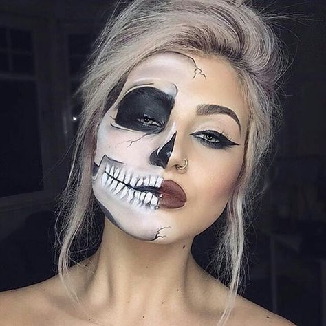 @rebelrayne Half Skull Face Makeup, Colorful Halloween Makeup, Halloween Women Makeup, Skull Face Makeup, Teacher Halloween Costumes, New Years Eve Makeup, Cute Halloween Makeup, Skeleton Makeup, Halloween Makeup Ideas