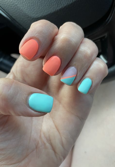 Teal Nail Color Combos, Summer Nails Teal Aqua, Neon Pink And Teal Nails, Coral And Blue Nails Summer, Coral Turquoise Nails, Orange And Teal Nails Summer, Tiffany Blue And Pink Nails, Teal Coral Nails, Tiffany Inspired Nails