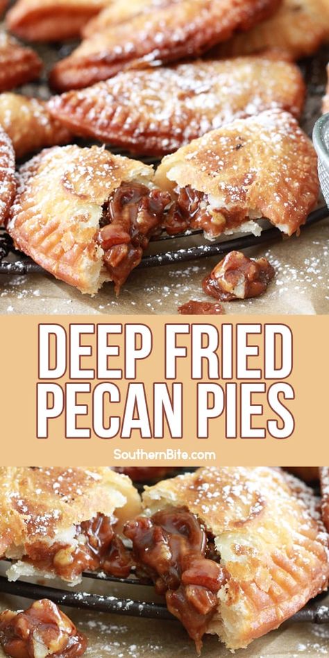 These Deep Fried Pecan Pies are a fun and easy recipe that puts a twist on a classic! Fried Pecan Pies, Fried Pies Recipe, Fried Hand Pies, Fried Desserts, Pies Dessert, Fair Recipes, Sunday Dessert, Deep Fried Recipes, Thanksgiving Meals