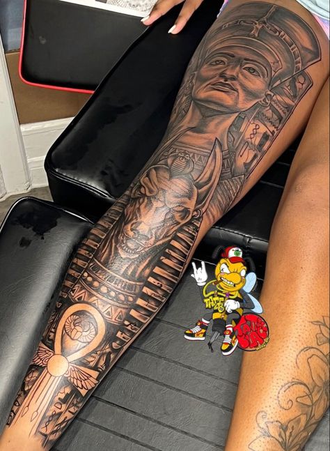 Leg Tattoo Egyptian, Egyptian Leg Sleeve Tattoo Women, Ahnk Tattoo Neck, Men's Tattoo Arm Sleeve, Alpha Phi Alpha Tattoo, Egpty Gods Tattoo, Dark Skin Tattoo Men, Leg Sleeve Tattoo Male Black, Egyptian Leg Sleeve