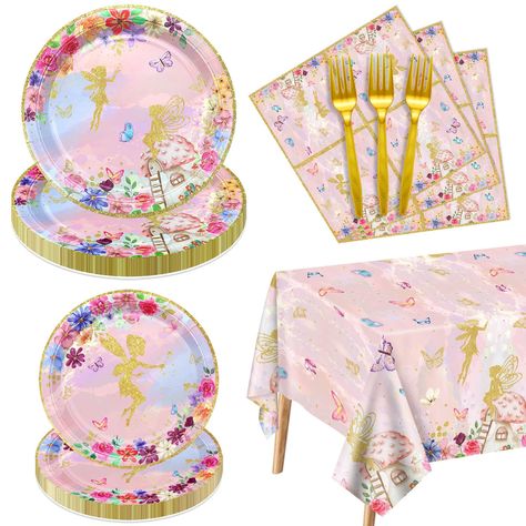 PRICES MAY VARY. Package & Size - The princess birthday decorations including 20 x dinner plates(9"/23cm), 20 x dessert plates(7"/18cm), 20 x napkins(13"/33cm), 20 x pink forks(6"/15cm), 1 x tablecloth(51x86.6"/130x220cm). Attractive Design - Our fairy-themed party decorations are designed with lovely enchanted golden fairies, butterflies, and beautiful flowers, adding a touch of elegance and beauty to the table setting. Enhance the ambiance of flower fairy parties with these coordinating decora Fairy Party Decorations, Princess Birthday Decorations, Fairy Theme Party, Paper Tablecloth, Floral Fairy, Princess Flower, Fairy Birthday Party, Summer Birthday Party, Fairy Decor