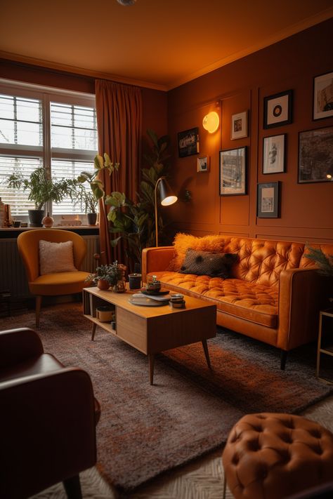 Earthy Living Room With Pop Of Color, Amber Couch Living Rooms, Orange Green Wood Living Room, 70s Orange Living Room, Brown Orange And Green Living Room, Orange And Wood Living Room, Vintage Living Room Lighting, Burnt Orange Leather Couch, Mcm Brown Leather Couch