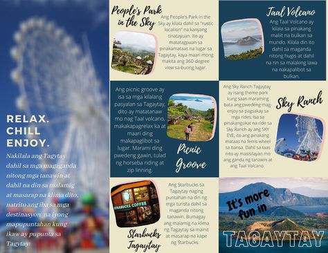 It's more fun in the Philippines❤️ Tagaytay Travel Brochure, Tagaytay Brochure, Brochure About Philippines, Its More Fun In The Philippines, Travel Brochure Philippines, Travel Brochure Examples, Travel Brochure School Project, Tourism Brochure Design, Philippines Baguio