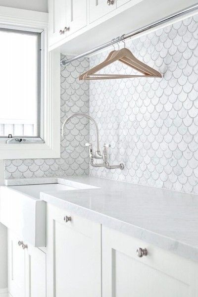 Stunning scallop tile backsplash in this gorgeous laundry rooms #diyenglishdecor Scallop Tiles, Above Sink, Dream Laundry Room, Laundry Design, Laundry Room Inspiration, Small Laundry, Laundry Room Storage, Laundry Mud Room, Laundry Room Design