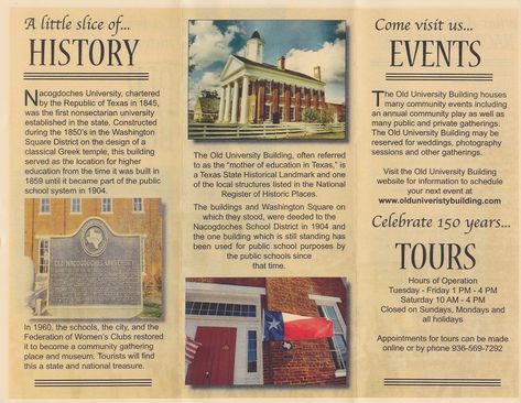 History Brochure Design, Old University Building, Brochure Design Layout Creative, History Brochure, Historical Infographics, Building Brochure, Old University, Travel Brochure Design, Map Brochures