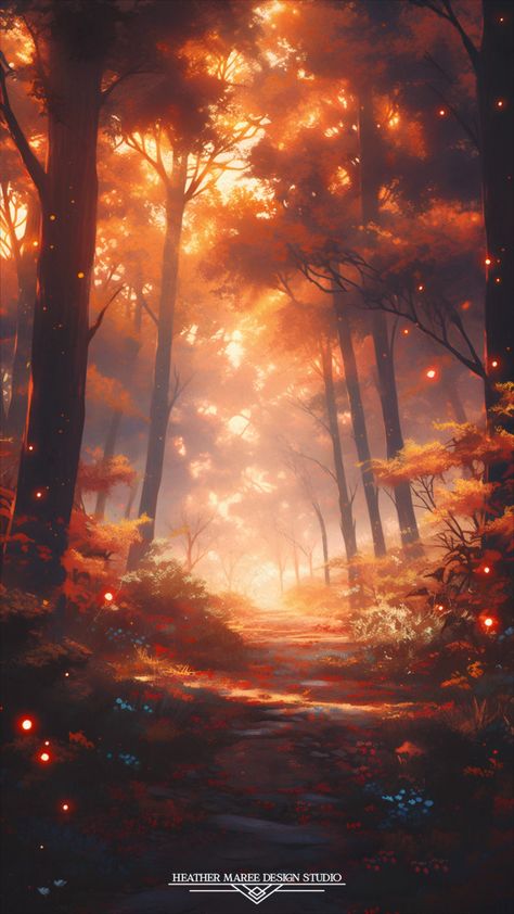 As the sun sets, casting a warm, golden glow over this autumn forest, the entire scene comes alive with the vivid hues of fall. The trees don their fiery mantles of red and orange leaves, and a serene path winds through the woodland, inviting you to embark on an enchanting journey into the heart of the season. Imagine setting this captivating painting as your lock screen or wallpaper, welcoming the spirit of fall into your digital world | Fall Aesthetic | Lock Screen Wallpaper | Fall Backgrounds Orange Forest Background, Enchanted Fall Forest, Enchanted Autumn Forest, Fall Background Landscape, Orange Forest Aesthetic, Fall Fantasy Aesthetic, Autumn Forest Art, Lock Screen Wallpaper Fall, Autumn Court Aesthetic