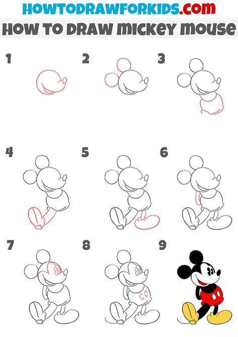 Disney How To Draw Step By Step, Step By Step Mickey Mouse Drawing, Disney Doodles Simple Step By Step, Mickey Mouse How To Draw, Mickey Mouse Construction, How To Draw A Mickey Mouse, Draw Mickey Mouse Step By Step, Cartoon Art Drawing Easy Step By Step, How To Draw Mickey Mouse Easy