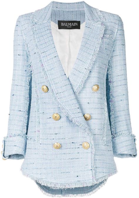 Balmain double breasted tweed blazer. Despite his innovative evolution of the brand, Olivier Rousteing does not shy away from Balmain's unmissable classics that truly define the fashion house. Crafted from blue cotton blend, this tweed blazer is the ideal way to infuse some luxury into your daily routine. Stylish yet comfortable, it features classic lapels, a double breasted front fastening, gold-tone embossed buttons, long sleeves, turn up cuffs and frayed edges. Blue Tweed Jacket, Balmain Jacket, Balmain Blazer, Blue Tweed, Boucle Jacket, Vintage Mode, Cotton Blazer, Tweed Blazer, Blazer Fashion