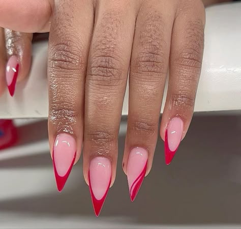 Red Stilleto Nails Design, Red Nails With Pink French Tip, Pink Stilleto Nail Ideas, Pink And Red Stiletto Nails, Red Stilleto French Tip, Stiletto Red Nails Design, Red Nails Stiletto Almond, Pink French Stiletto Nails, Pink Nails With Red French Tip