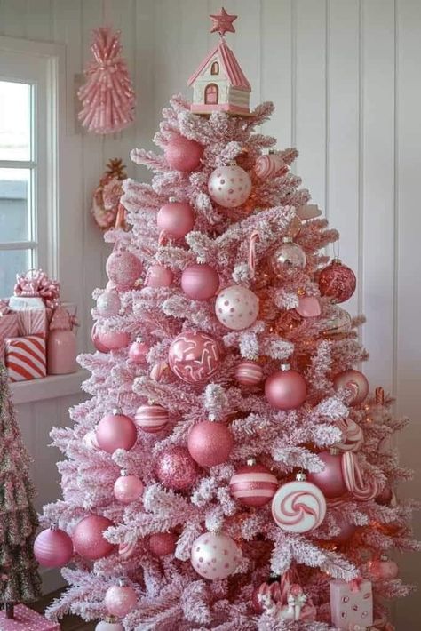 Pink Candy Christmas Tree, Pink Xmas Tree, Pink Christmas Tree Decorations, Candyland Christmas Tree, Blue Christmas Tree Decorations, Pastel Christmas Decor, Vintage Pink Christmas, Pink Obsession, A Pink Christmas