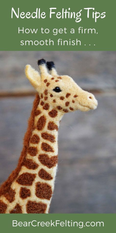 Learn how to get smooth, fuzz free finishes on your needle felted sculptures. 3 easy tips that will help you take your needle felting to the next level. Giraffe Needle Felting, Felting Tips, Felt Giraffe, Felting Crafts, Felted Rabbit, Needle Felting Tutorial, Needle Felted Cat, Felting Ideas, Wool Needle Felting