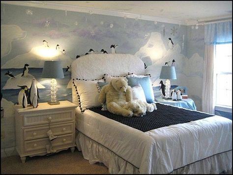 Penguin Bedroom, Penguin Room, Travel Themed Bedroom, Penguin Theme, Winter Bedroom, Winter Wonderland Theme, Simple Bed, Bedroom Themes, Girls Room Decor