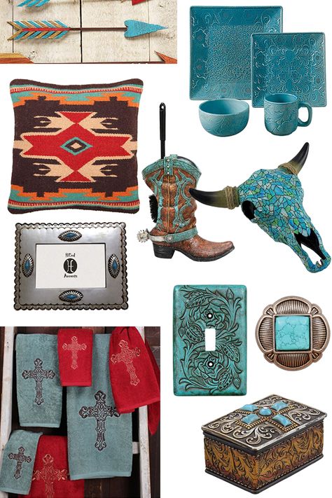 Southwestern Bathroom Decor, Modern Southwest Bedroom, Western Modern Home Decor, Southwest Bedroom, Western Living Room Decor, Wrought Iron Accessories, Turquoise Furniture, Western Living Room, Turquoise Home Decor