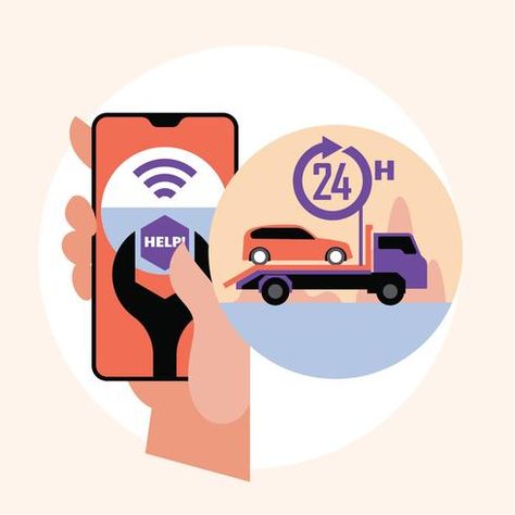 Hand holding smartphone. Online roadside assistance, car towing service mobile app concept Car Towing, App Concept, Towing Service, Car Vector, Roadside Assistance, Hand Holding, Sharjah, Font Bundles, Vector Photo