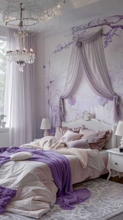 Home Decor Inspo: Refresh Your Bedroom on a Budge Purple Vintage Bedroom, Lilac Girls Bedroom, Lavender Bedrooms, Jewel Bedroom, Bedroom Lilac, Bedroom Lavender, Korean Bedroom Ideas, Colonial Bedroom, Lavender Bedroom