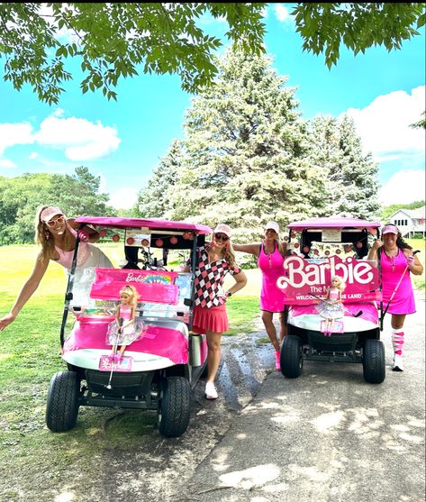 Ladies Member Guest Golf Themes, Barbie Golf Cart Theme, Barbie Golf Cart, Ladies Golf Tournament Themes, Golf Barbie, Golf Cart Decorating Ideas, Golf Cart Decorations, Golf Theme Party, Parade Ideas