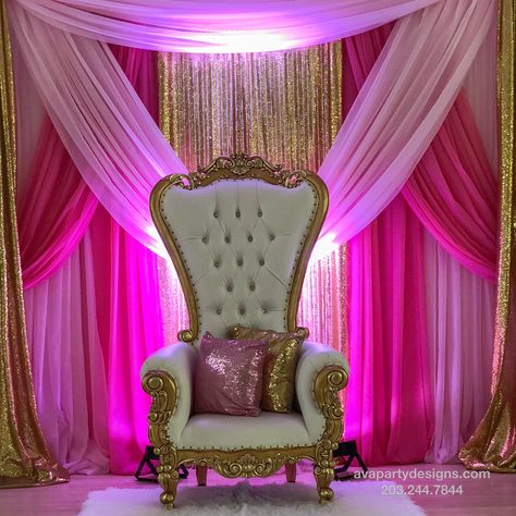 Party Rental Package 1A with Duchess Throne Chair, Light Pink, Hot Pink and Gold Premium Pipe and Drape Backdrop and complimentary accessories (uprights, pillows and rug) Chair Decoration Ideas, Birthday Chair, Hot Pink Decor, Sweet 16 Party Decorations, Pipe And Drape Backdrop, Pink Sweet 16, Quince Decorations, Sweet 16 Decorations, Sweet Sixteen Parties