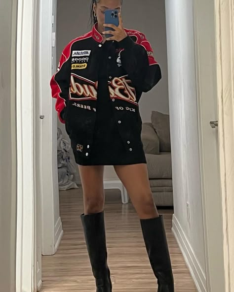 Oversized Nascar Jacket Outfit, Red Nascar Jacket Outfit, Racer Jacket With Skirt, Nascar Themed Outfit, Race Car Driver Jacket Outfit, Oversized Racer Jacket, Vintage Racer Jacket Outfit Women, Style Racing Jacket, Graphic Jacket Street Style